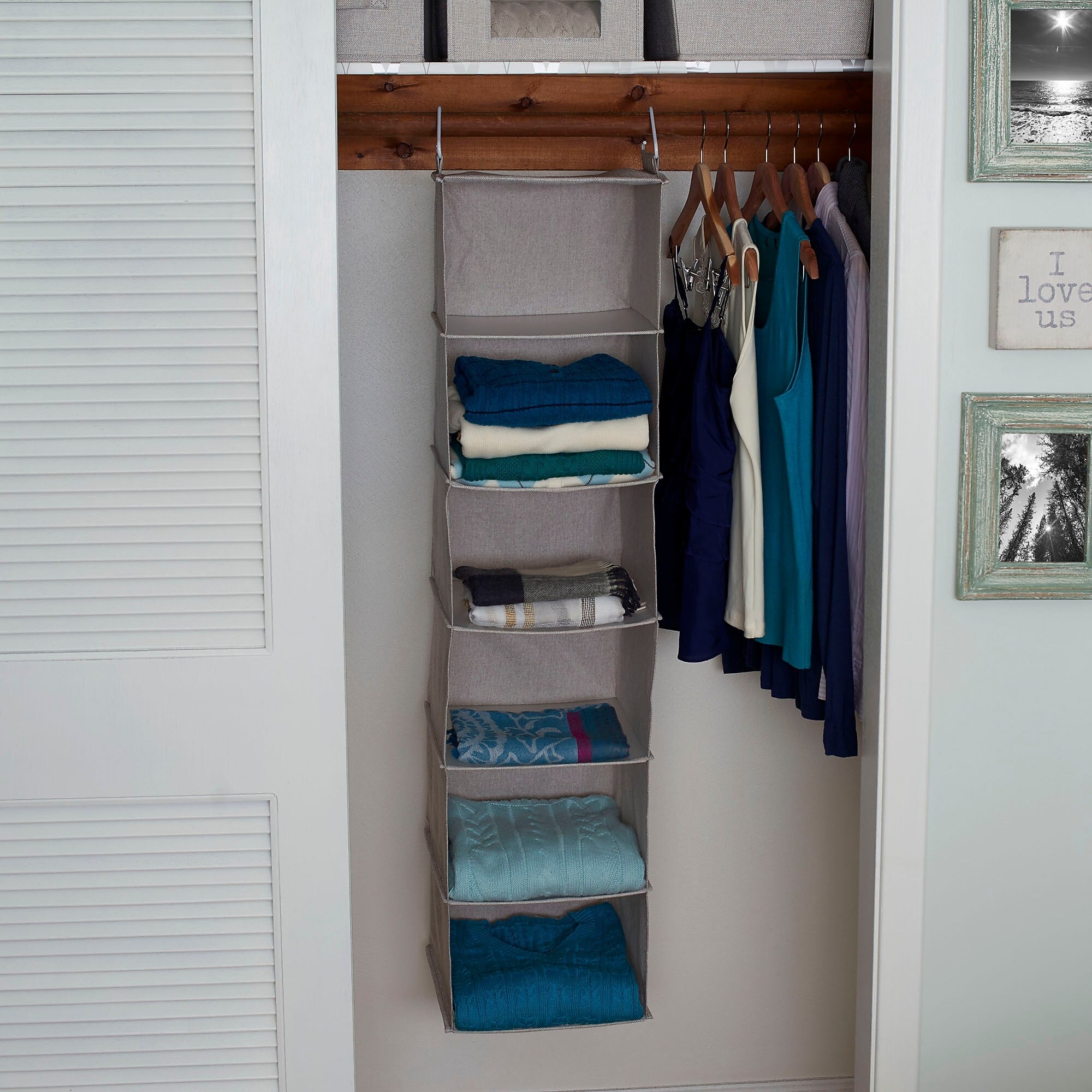 Household Essentials Hanging Closet Organizer, 6 Fabric Poly Linen Shelves (7402-1)