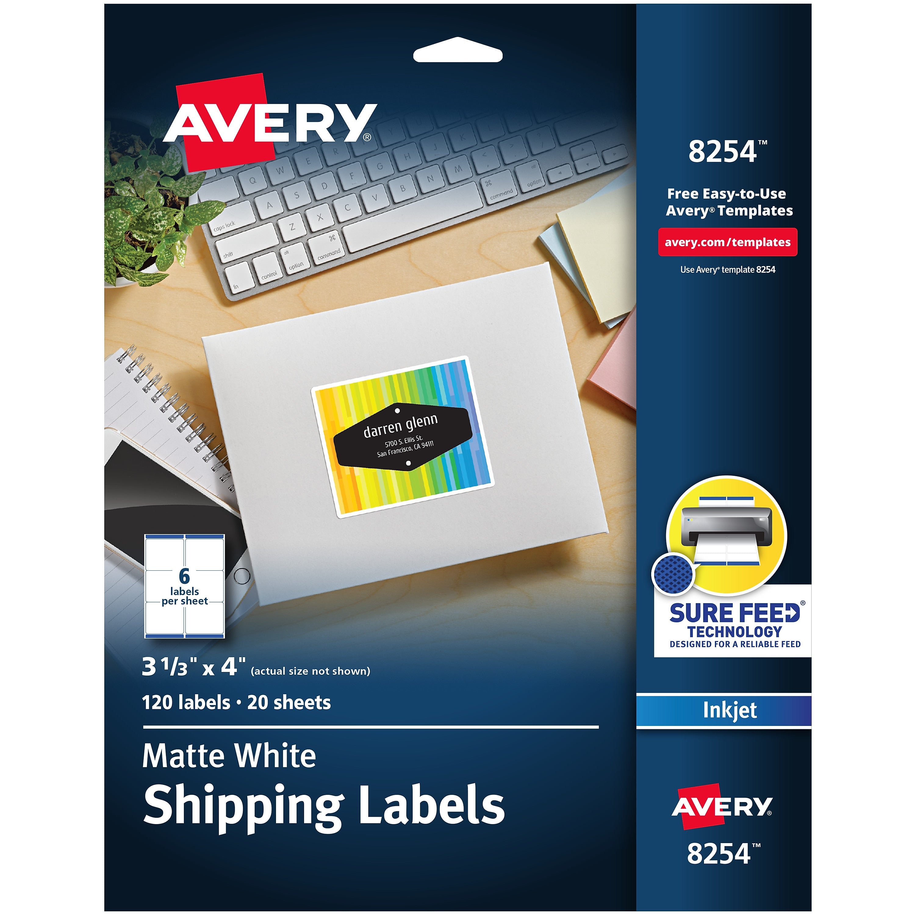 Avery Sure Feed Inkjet Shipping Labels, 3-1/3" x 4", White, 120 Labels/Pack (8254)