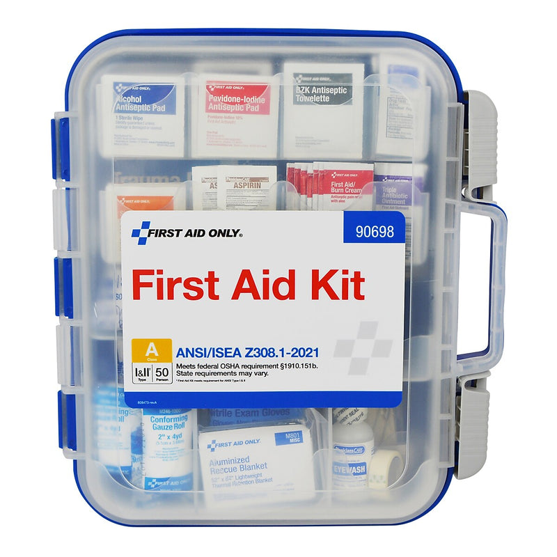 First Aid Only ReadyCare Plastic First Aid Kit with Medication, ANSI 2021 Class A, 50 People, 238 Pieces, Clear/Blue (90698)