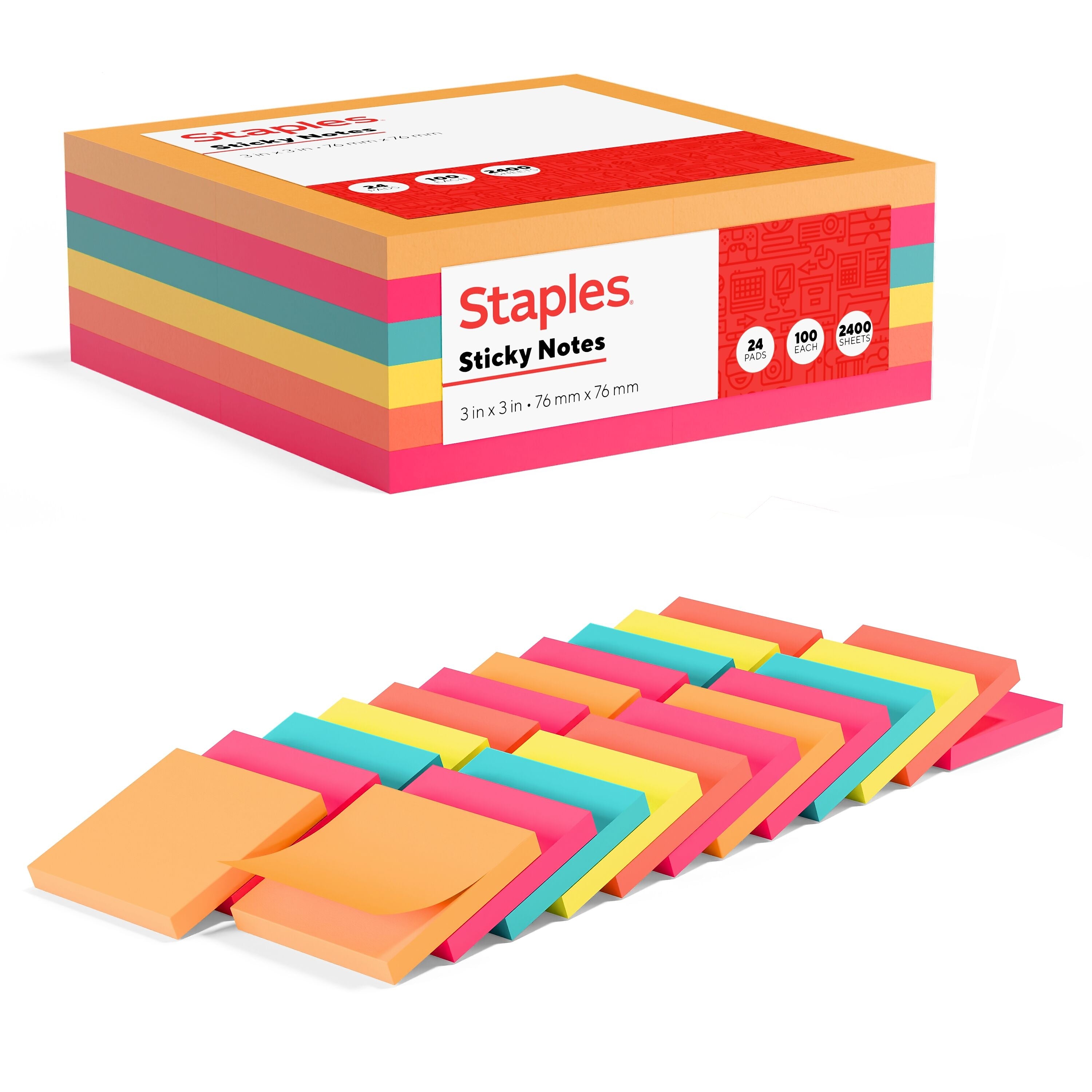 Staples Sticky Notes, 3" x 3", Pool Party Collection, 100 Sheets/Pad, 24 Pads/Pack (S-33BR24)