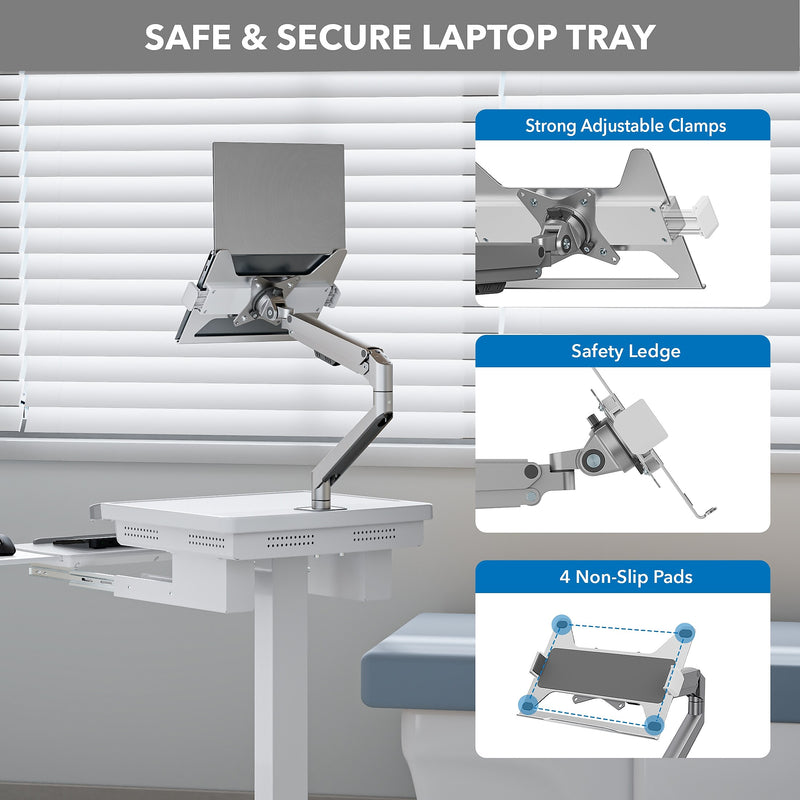 Mount-It! MedHub Mobile Medical Cart Workstation with Spring Arm Laptop Mount and Locking Caster Wheels, White/Grey (MI-16017)