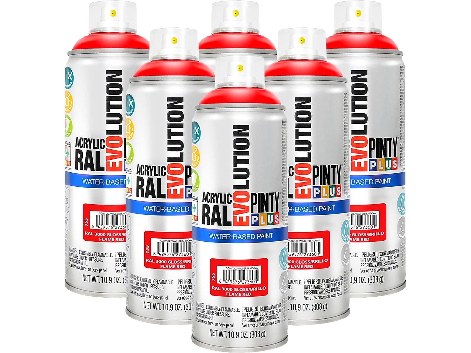 Pintyplus Evolution Water-Based Spray Paint, Flame Red, 10.9 oz., 6/Pack (NOV 755-CS)