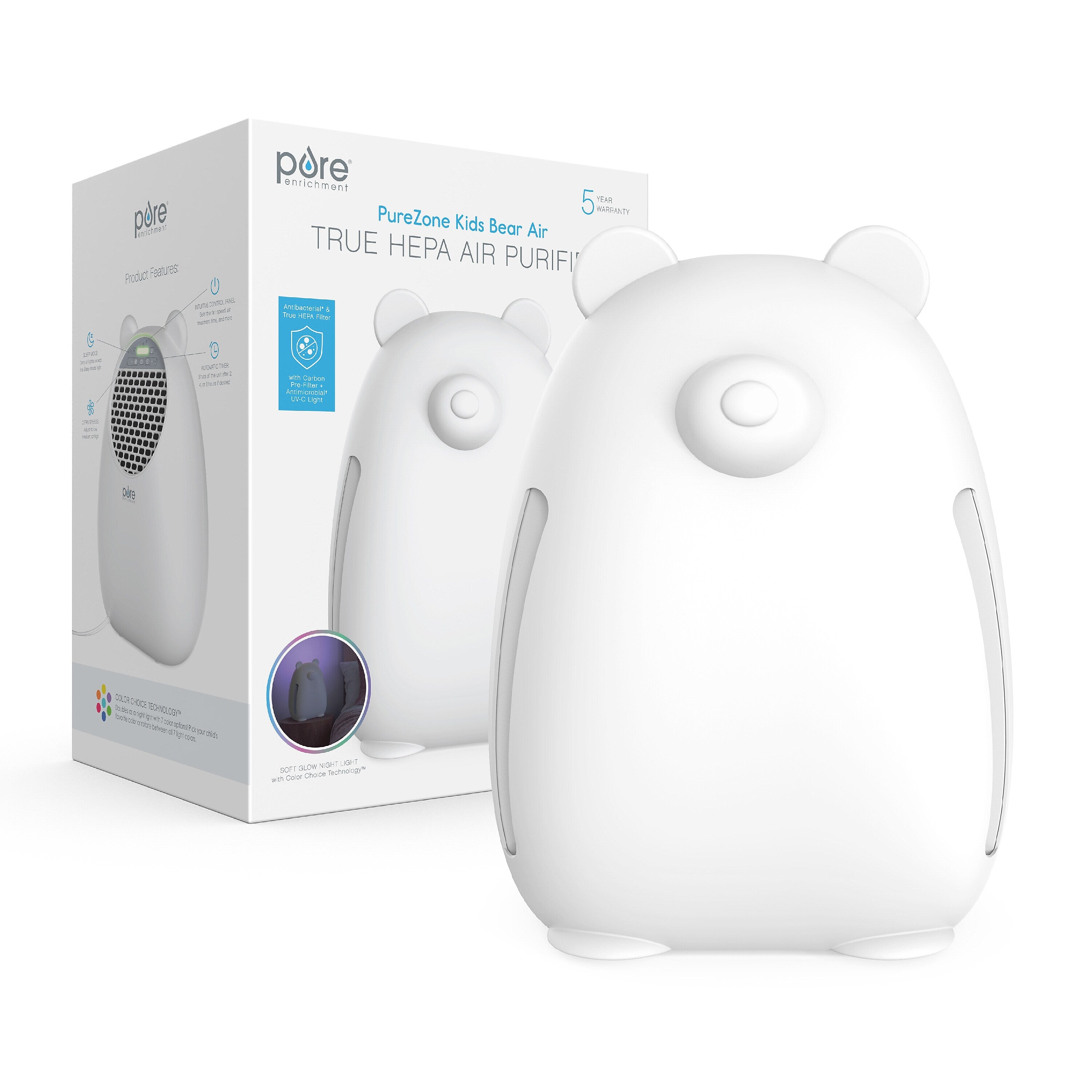Pure Enrichment PureZone Kids Bear Air True HEPA Tabletop Air Purifier, 3-Speed, White (PEAIRBER-RT)