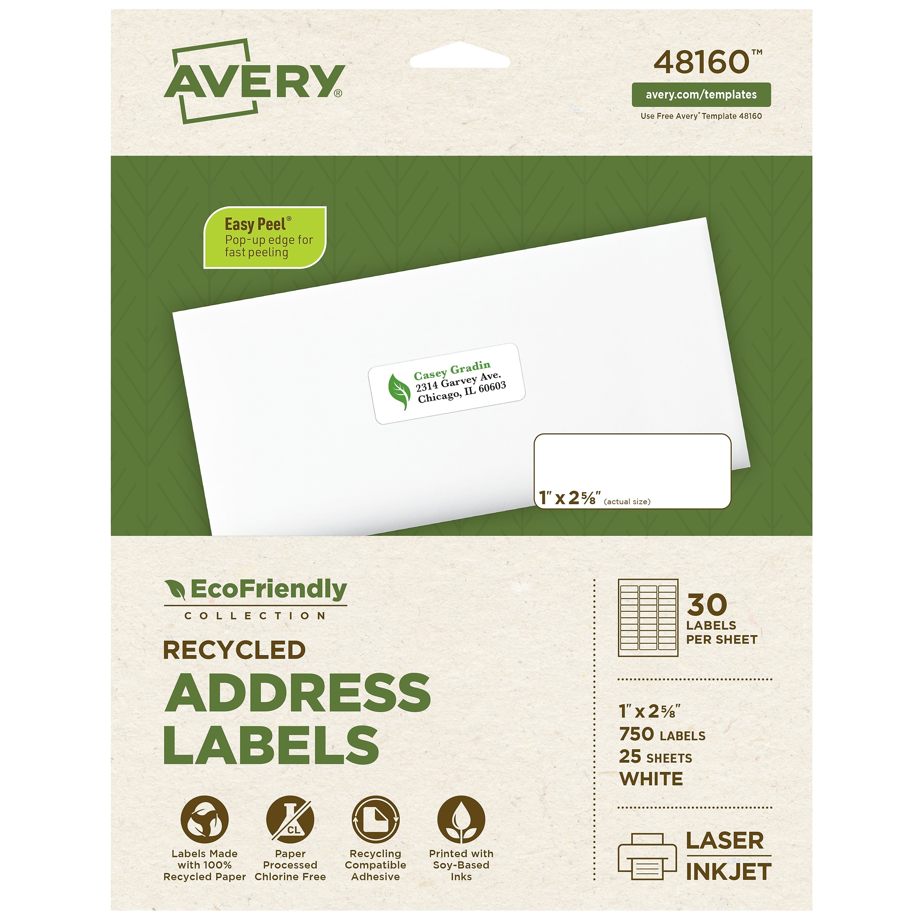 Avery EcoFriendly Laser/Inkjet Address Labels, 1" x 2-5/8", White, 750 Labels/Pack (48160)