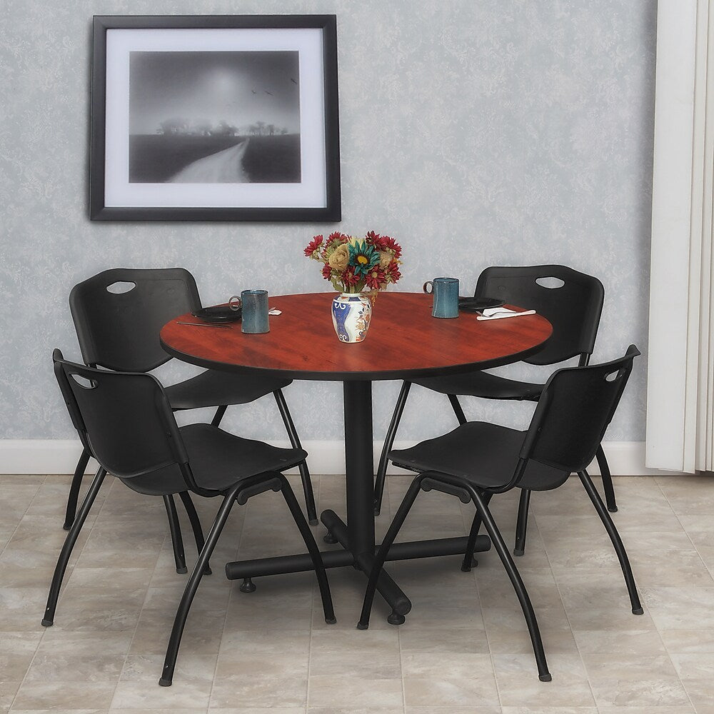Regency 48" Cherry and Kobe Based Round Table with 4 M Stacker Chairs, Black (TKB48RNDCH47BK)