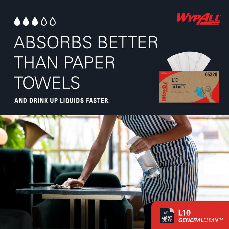 WypAll GeneralClean L10 Paper Cleaning Wipers, 10.25" x 9", White, 125 Wipers/Box, 18/Carton (05320)