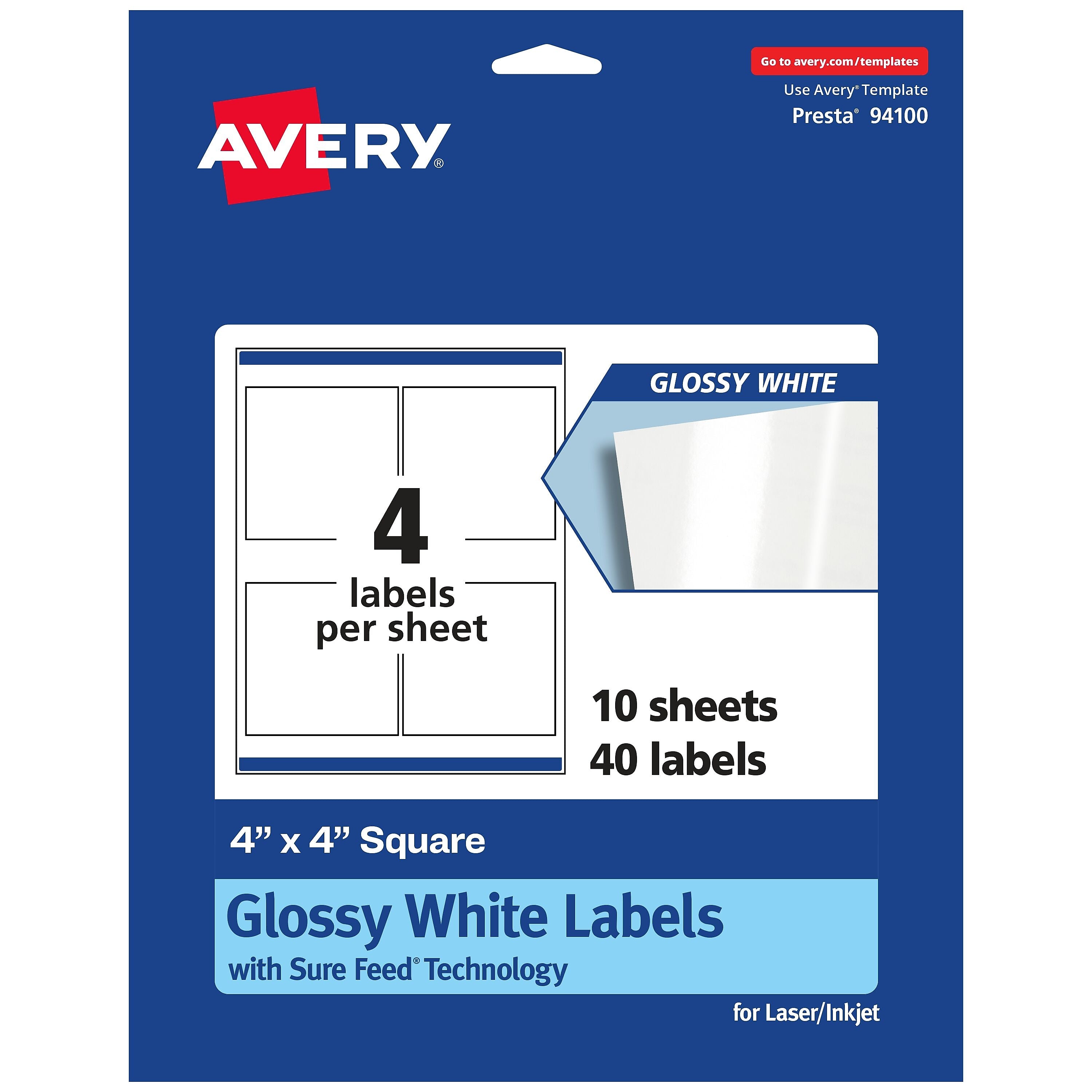 Avery Laser/Inkjet Square Labels, 4" x 4", White, 40 Labels/Pack (94100)