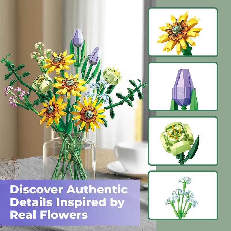 Contixo BK04 Sunflower Bouquet Flordal Collection Building Block Set, 975 Pieces (CNXBK04)