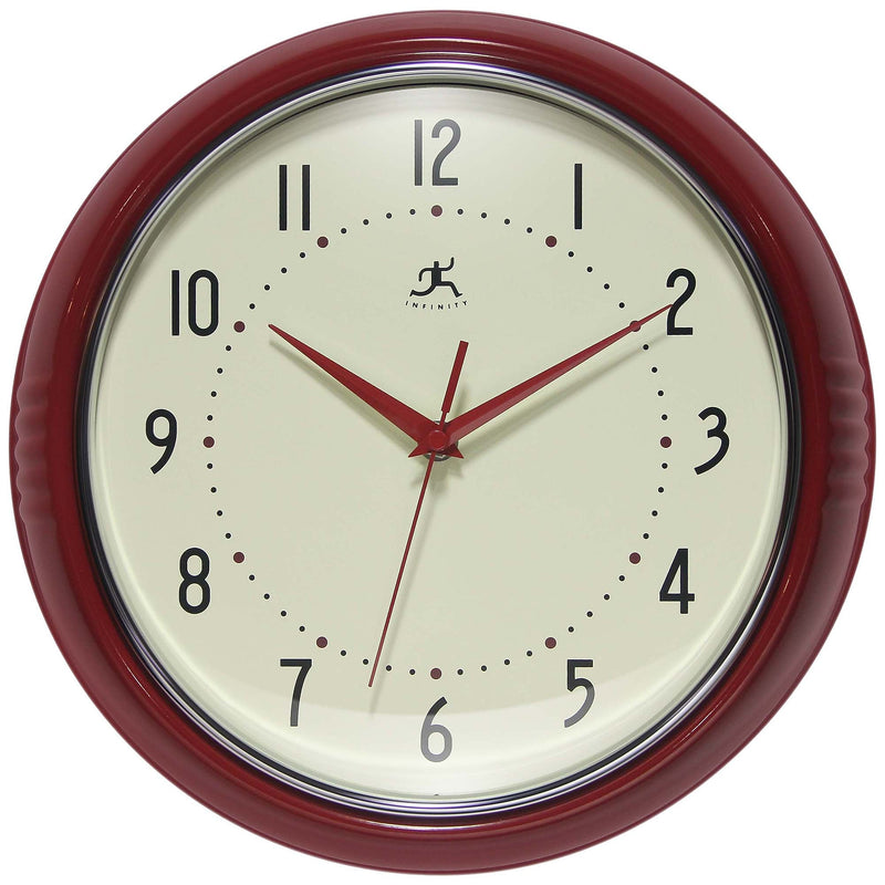 Infinity Instruments Round Retro Red Wall Clock, Aluminum, 12" (10940RD-12)