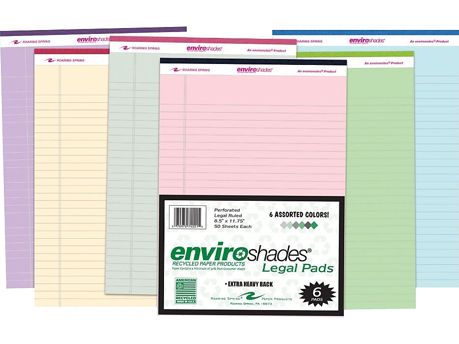 Roaring Spring Paper Products Legal Pads, Recycled Paper in Assorted Colors, 8.5" x 11.75", 50 Sheets/Pad, 6 Pads/Pack (74221)