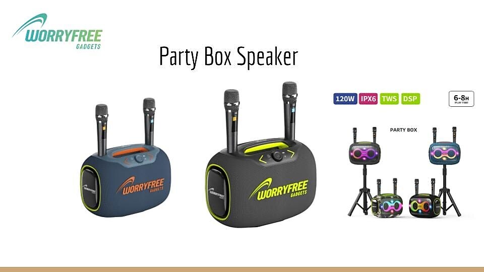 Worryfree Gadgets Party Box Wireless Bluetooth Portable Speaker with 2 Mics & Tripod, Water Resistant, Gray (WPB2-GRY)