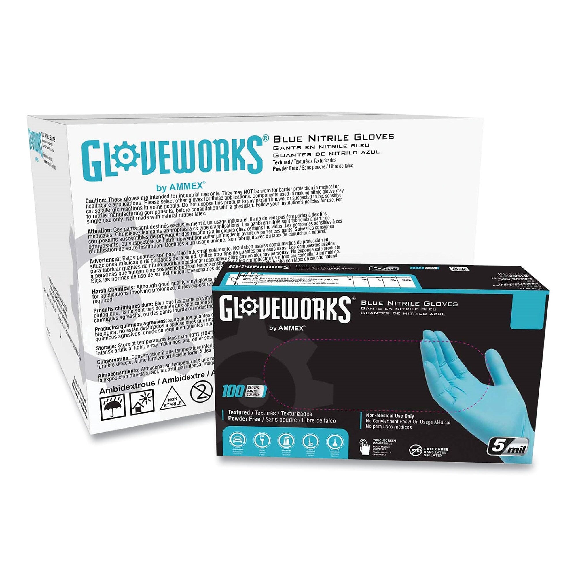 GloveWorks by AMMEX Industrial Nitrile Gloves, Powder-Free, 5 mil, Medium, Blue, 100/Box, 10 Boxes/Carton