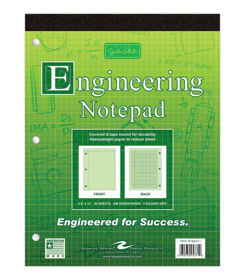 Signature Collection Covered Engineering Pad, Frame Front 1/2" Right Margin, Heavyweight 20 lb. Green Tint Paper