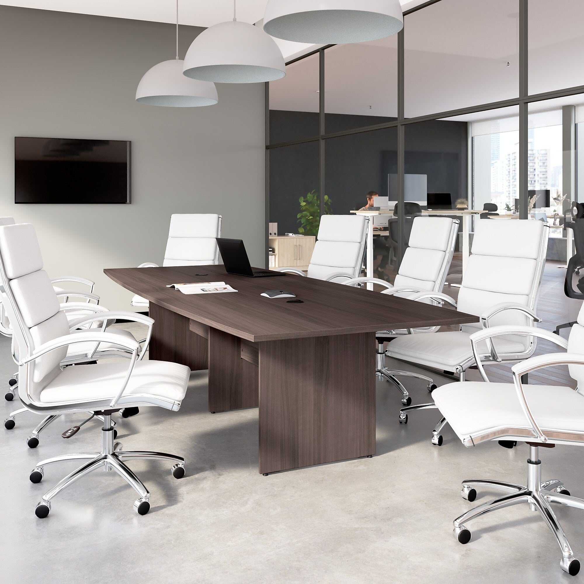 Bush Business Furniture 120W x 48D Boat Shaped Conference Table with Wood Base, Storm Gray (99TB12048SGK)