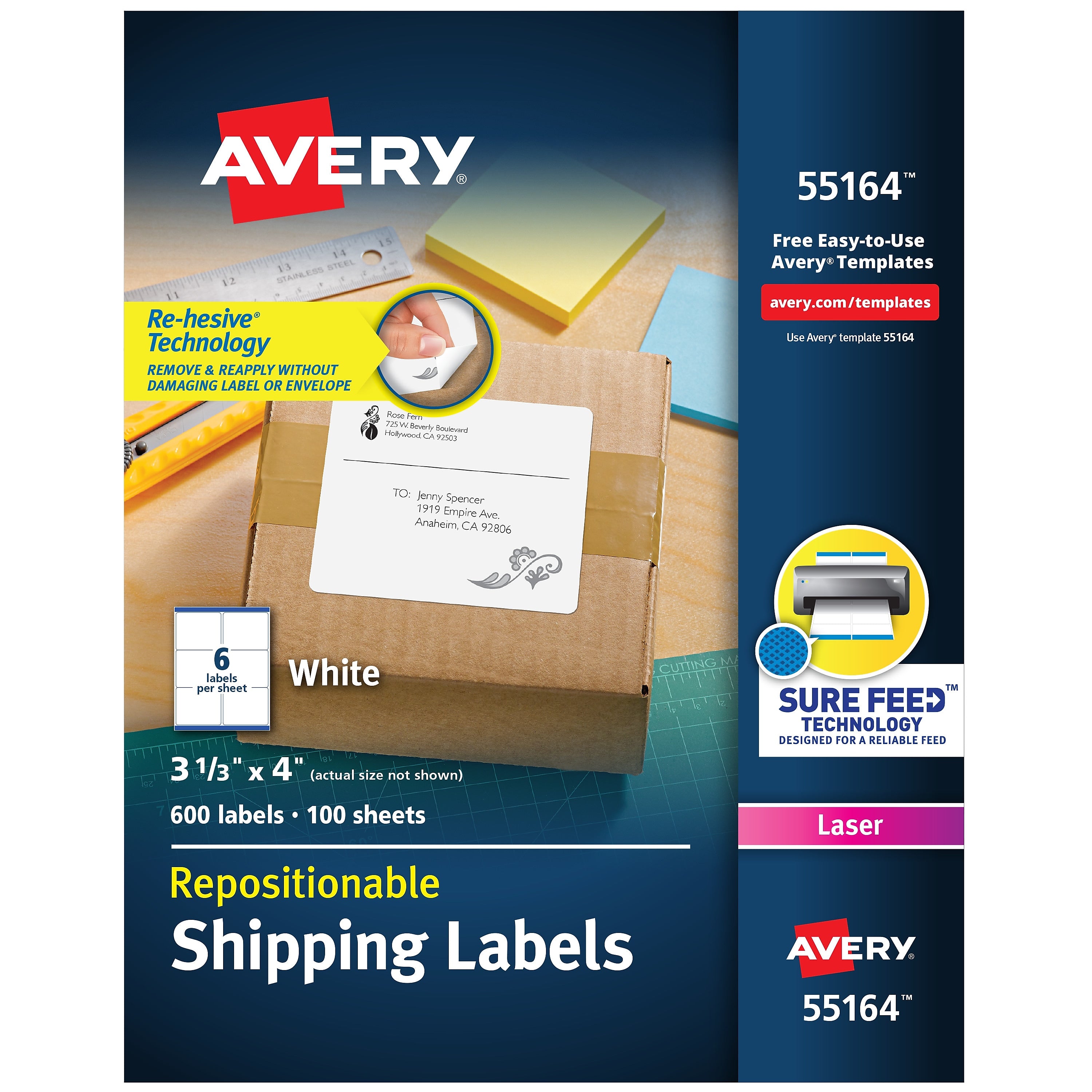 Avery Repositionable Laser Shipping Labels, 3-1/3" x 4", White, 600 Labels/Box (55164)