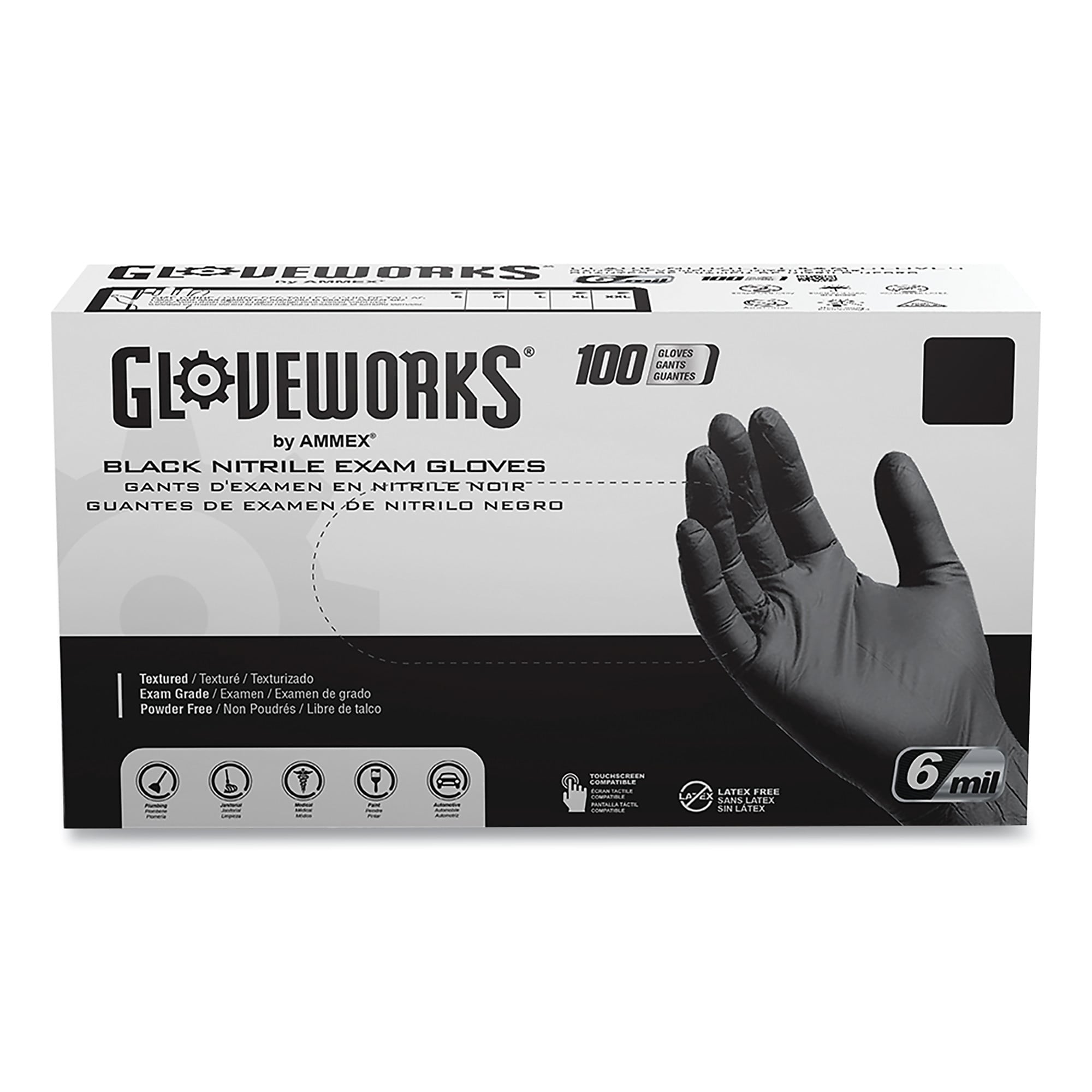 GloveWorks by AMMEX Nitrile Exam Gloves, Powder-Free, 6 mil, Small, Black, 100 Gloves/Box, 10/Carton