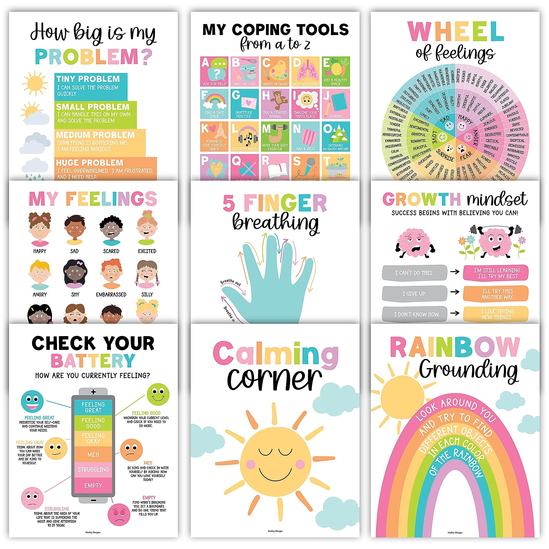 Hadley Designs 11" x 14" Colorful Calming Corner and Feelings Chart Posters, 9/Set (HDDX004ACWTG3)