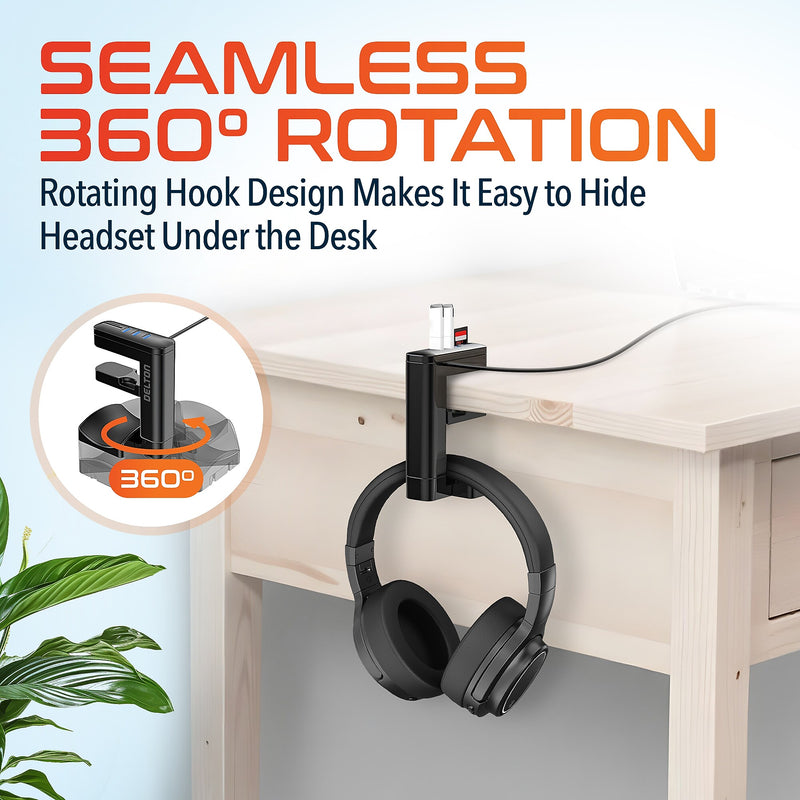 Delton HS7 Headset Stand with Under-Desk Holder and 3 USB-A Ports, Black (DHS3USB)