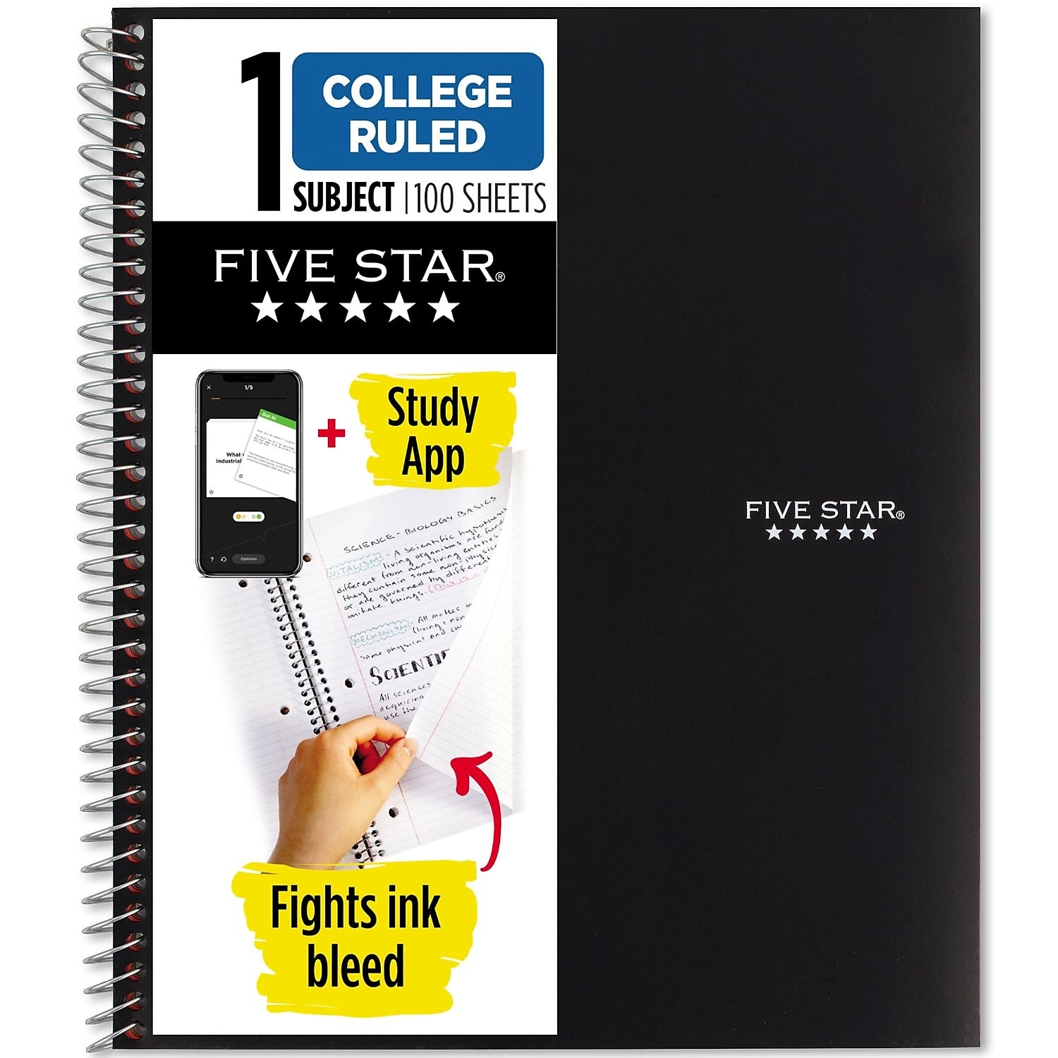 Five Star 1-Subject Notebook, 8.5" x 11", College Ruled, 100 Sheets, Black (72057)