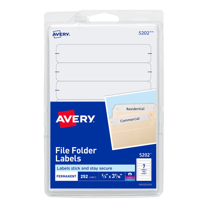 Avery Easy Peel Laser/Inkjet File Folder Labels, 2/3" x 3-7/16", White, 252 Labels/Pack (5202)