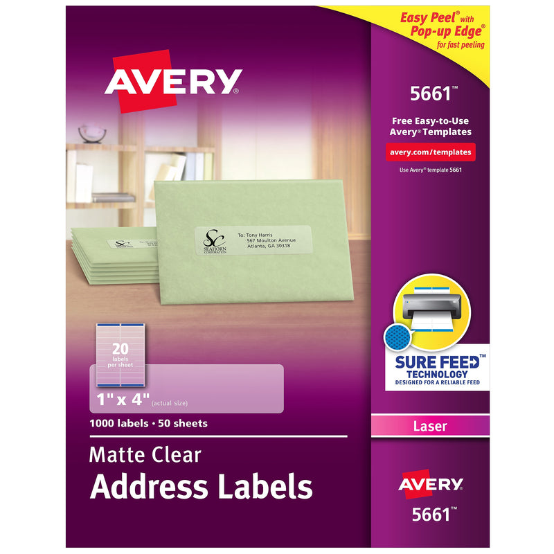 Avery Easy Peel Laser Address Labels, 1" x 4", Clear, 1,000 Labels/Box (5661)