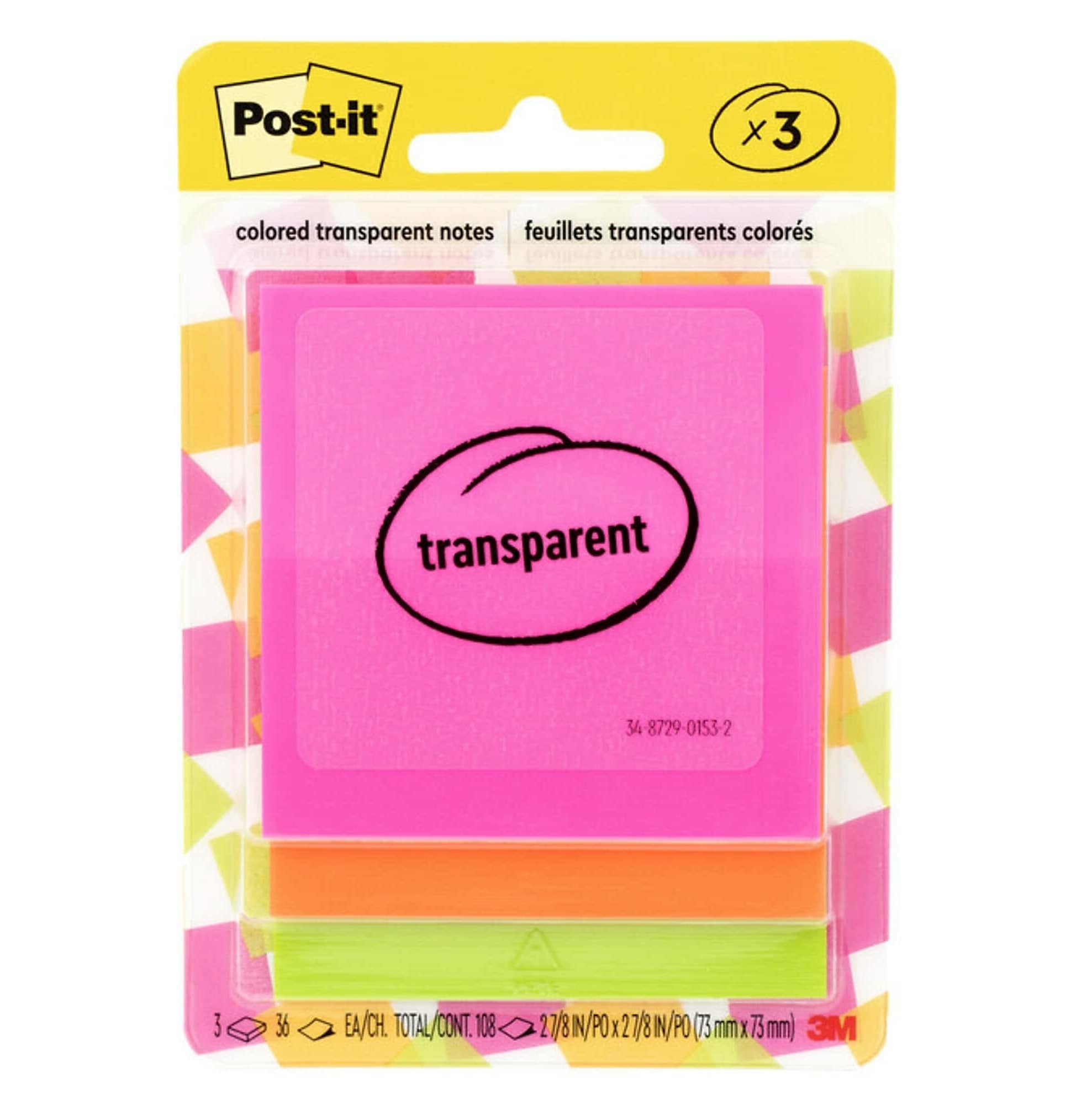 Post-it Transparent Sticky Notes, 2.8" x 2.8", Assorted Colors, 36 Sheets/Pad, 3 Pads/Pack (600-3COL)