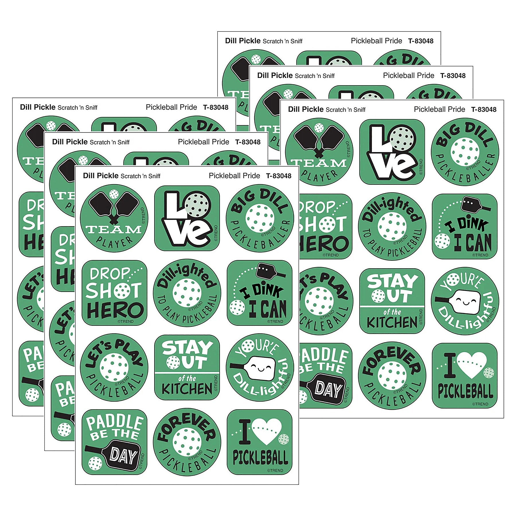 Trend Enterprises Pickleball DILL-ight Dill Pickle Scent Scratch 'n Sniff Stinky Stickers, Green, 48/Pack, 6 Packs/Bundle