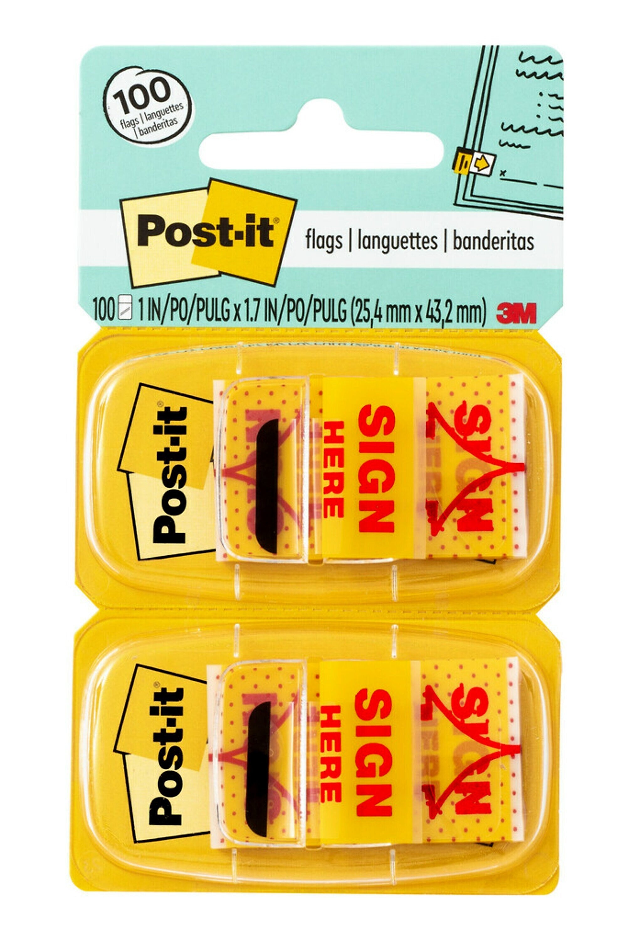 Post-it 'Sign Here' Message Flags, 1" Wide, Yellow, 100 Flags/Pack (680-SH2)