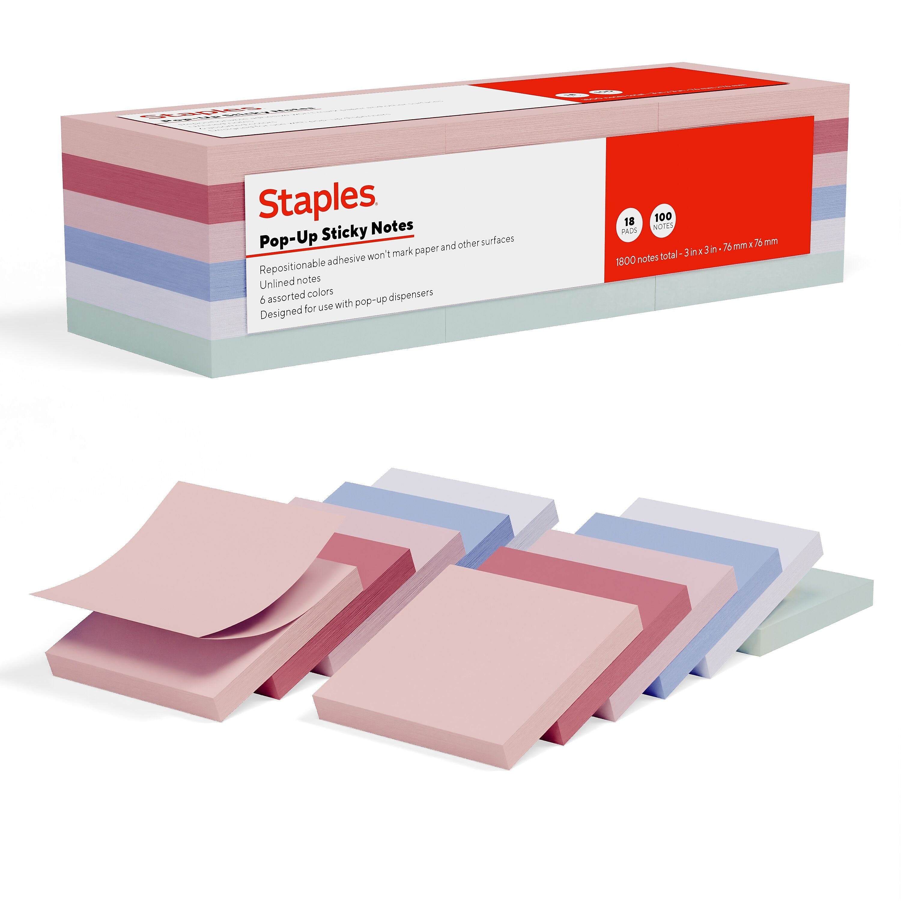 Staples Pop-up Sticky Notes, 3" x 3", Ocean Mist Collection, 100 Sheets/Pad, 18 Pads/Pack (ST62873)
