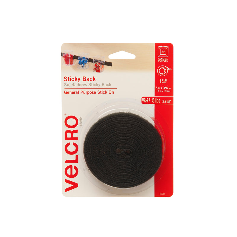 Velcro® Brand 3/4" x 5' Sticky Back Hook & Loop Fastener Roll, Black (90086)