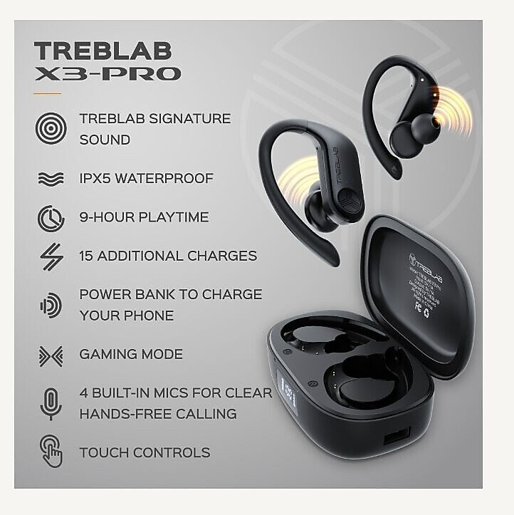 Treblab X3-Pro Bluetooth Wireless Earbuds with Earhooks, Charging Case (X3-PRO-W)