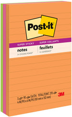 Post-it Super Sticky Notes, 4" x 6", Energy Boost Collection, Lined, 90 Sheet/Pad, 3 Pads/Pack (6603SSUC)