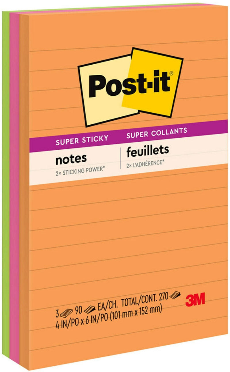 Post-it Super Sticky Notes, 4" x 6", Energy Boost Collection, Lined, 90 Sheet/Pad, 3 Pads/Pack (6603SSUC)
