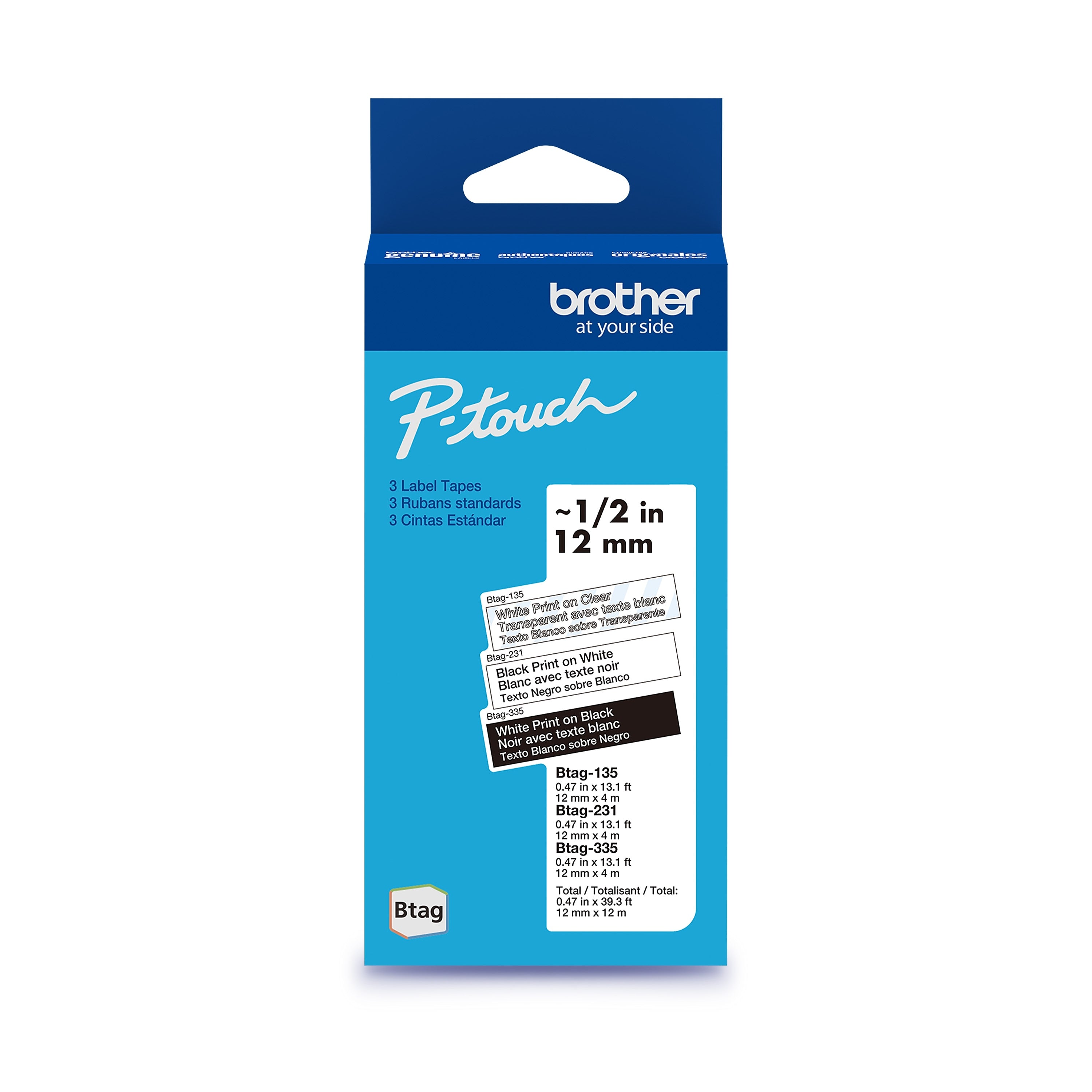 Brother P-touch Btag Label Tape, 1/2" x 13.1’ (12mm x 4m), White on Clear, Black on White, White on Black, 3/Pack (BTAG3M01)