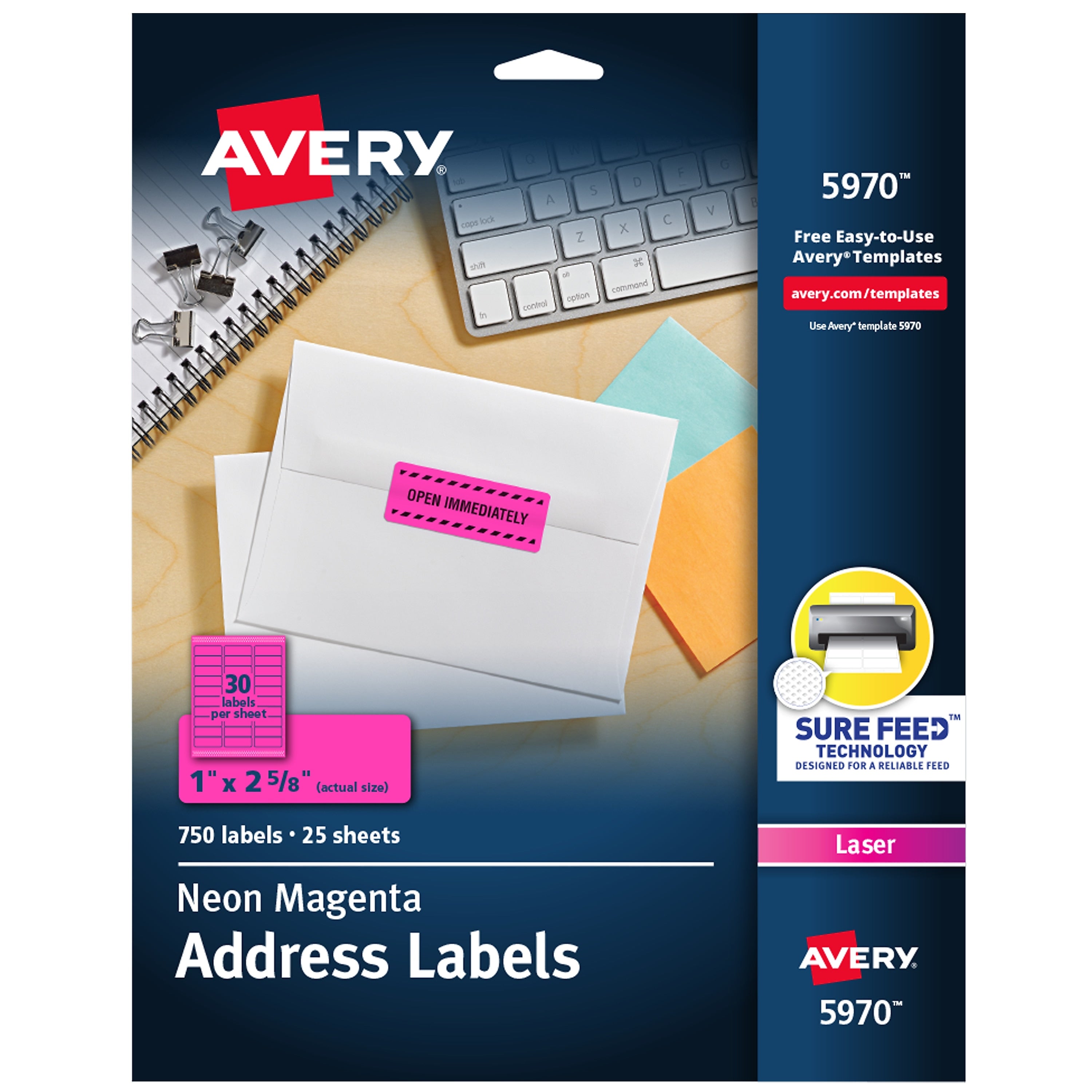 Avery Sure Feed Laser Address Labels, 1" x 2 5/8", Neon Magenta, 750 Labels/Pack (5970)