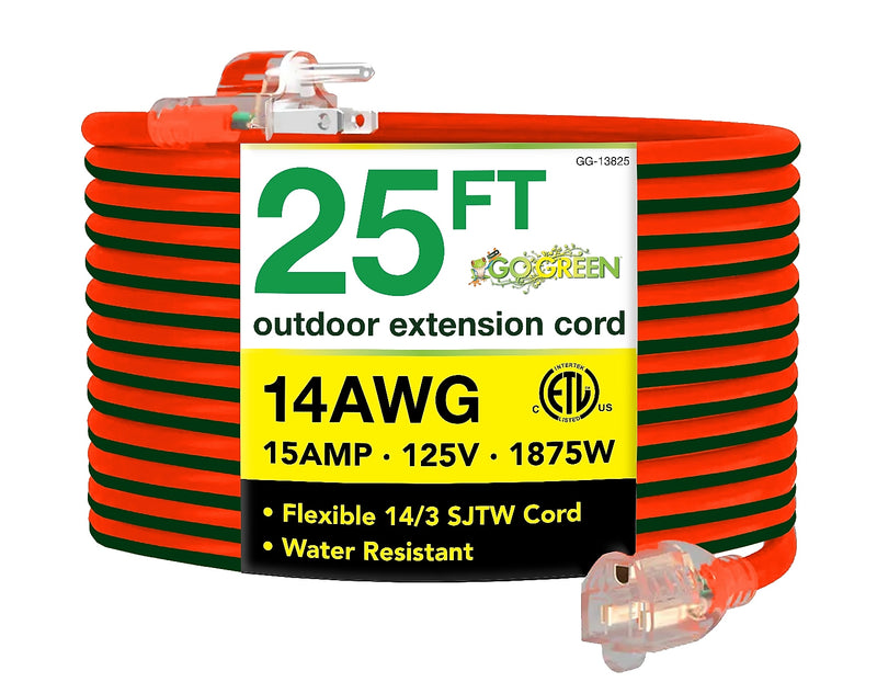 GoGreen Power 25' Indoor/Outdoor Extension Cord, 14 AWG, Orange (GG-13825)