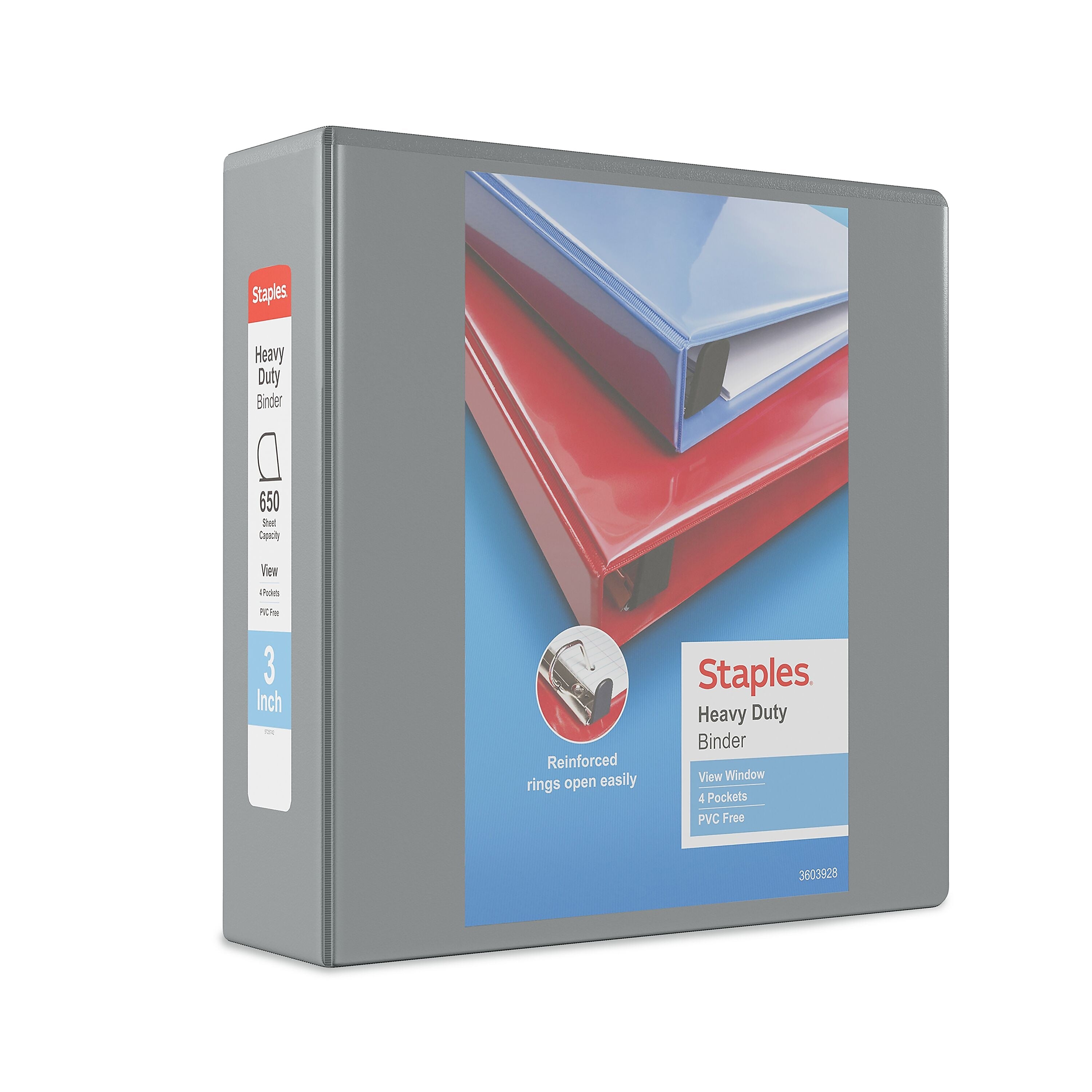Staples Heavy Duty 3" 3-Ring View Binder, D-Ring, Gray (ST56331-CC)