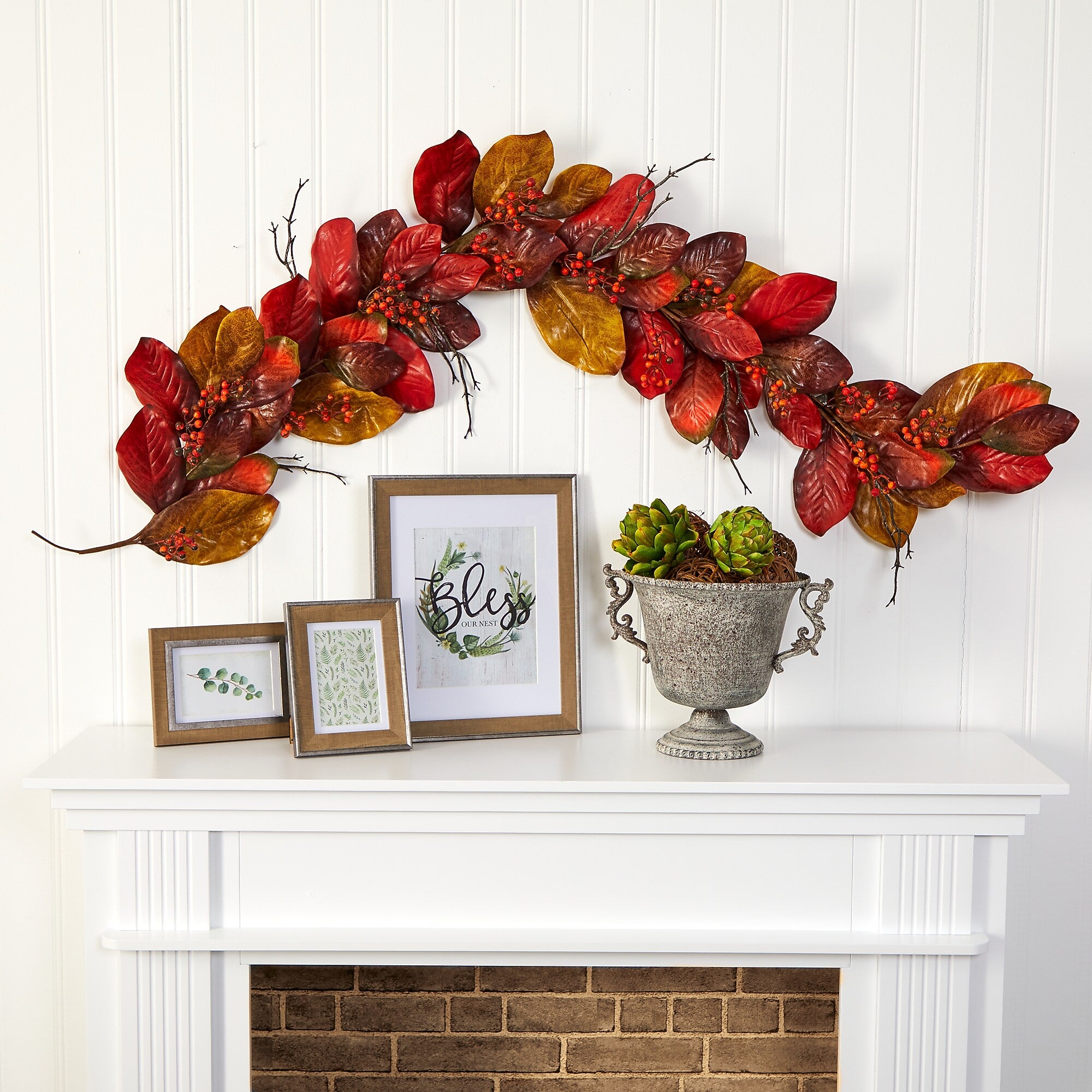 Nearly Natural 6' Autumn Magnolia Leaf with Berries Artificial Garland (4495)