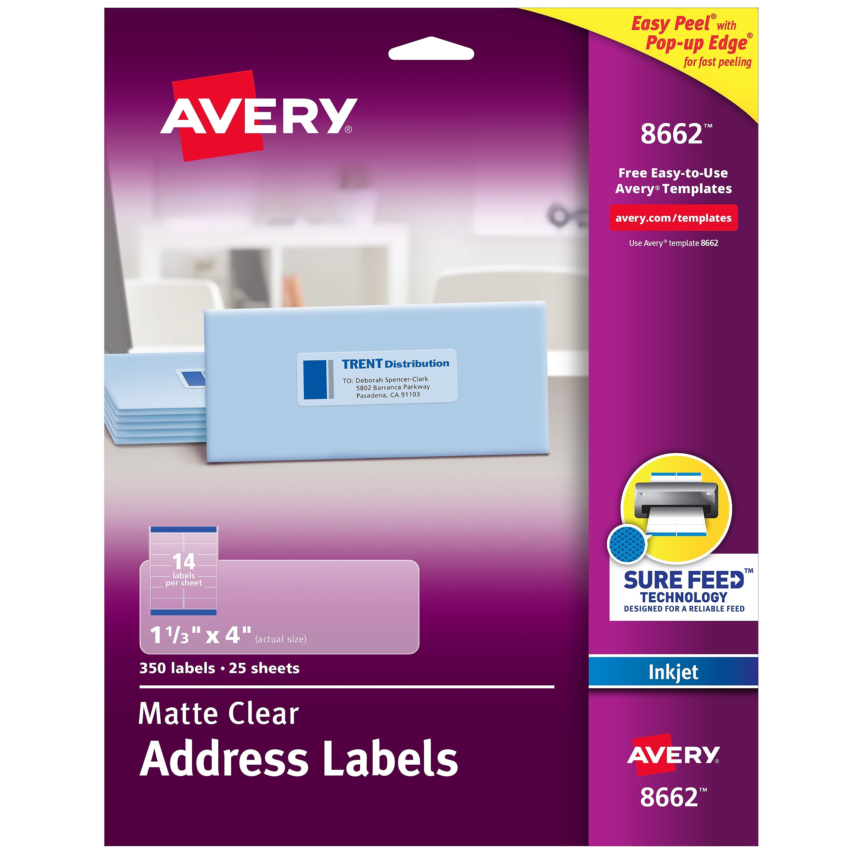 Avery Easy Peel Inkjet Address Labels, 1-1/3" x 4", Clear, 350 Labels/Pack (8662)
