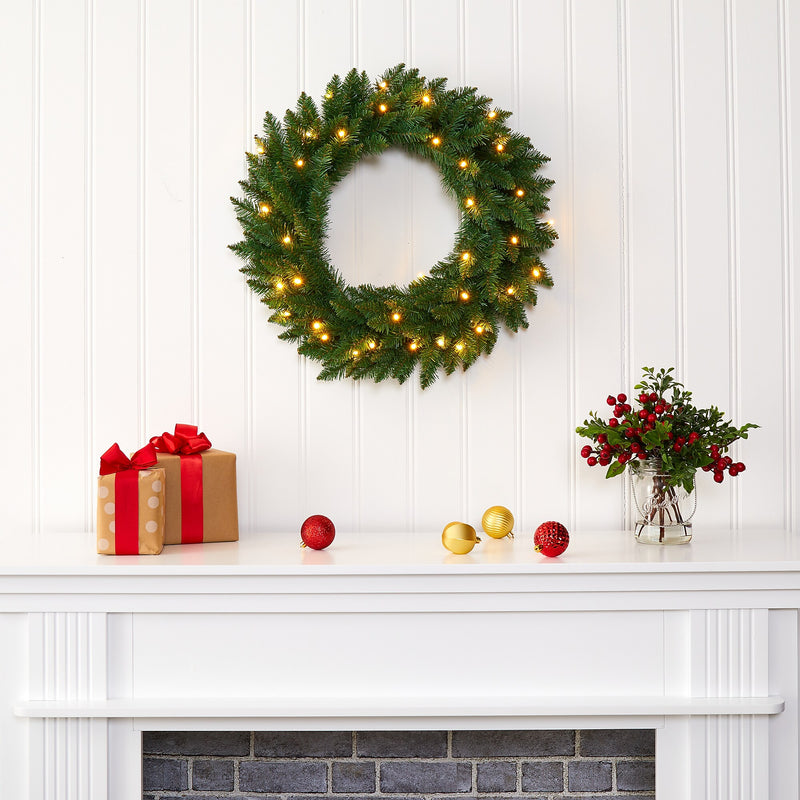 Nearly Natural 24-in Green Pine Artificial Christmas Wreath with 35 Clear LED Lights (W1110)