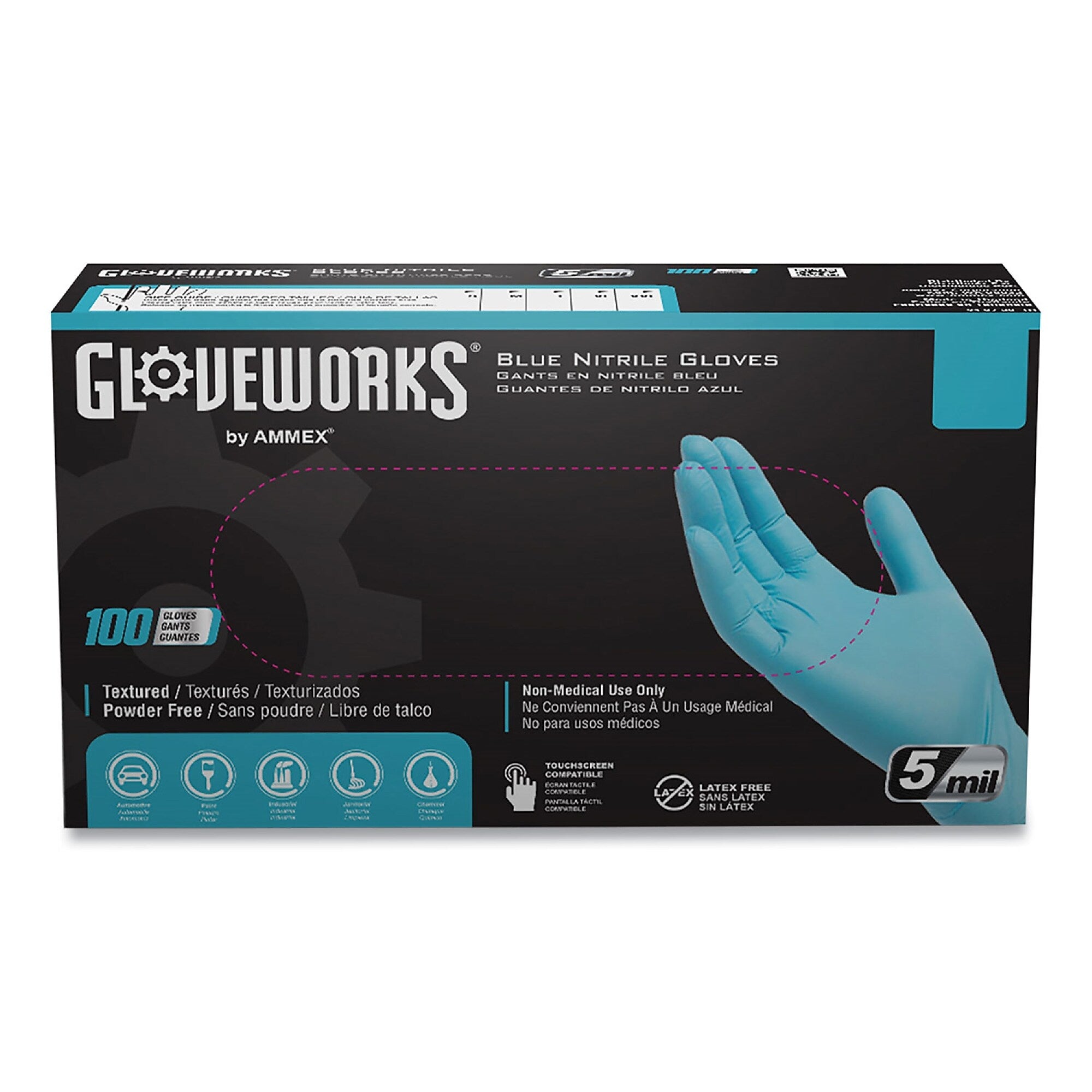 GloveWorks by AMMEX Industrial Nitrile Gloves, Powder-Free, 5 mil, Medium, Blue, 100/Box, 10 Boxes/Carton