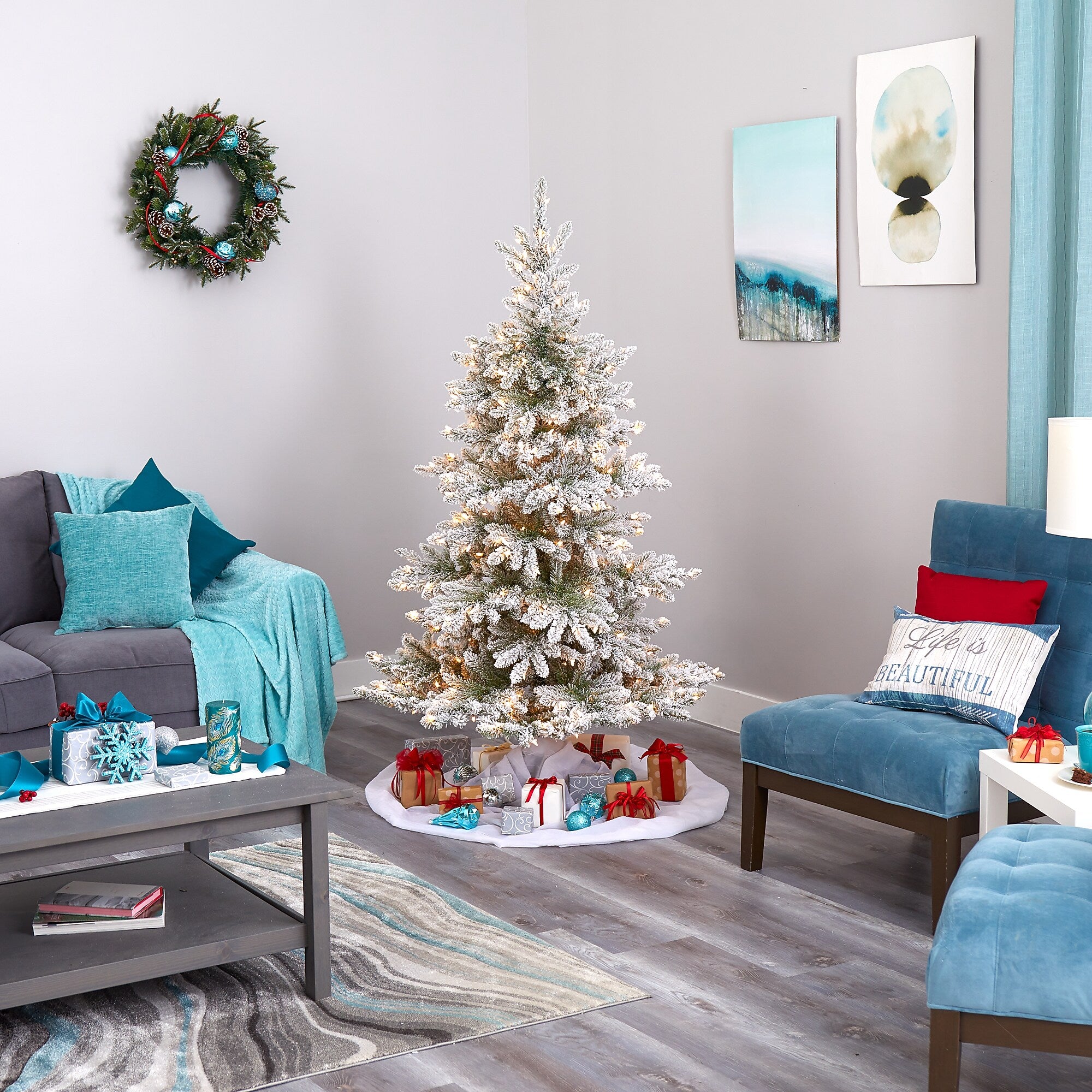 Nearly Natural 6-ft Flocked West Virginia Spruce Artificial Christmas Tree with 300 Clear Lights (T1901)
