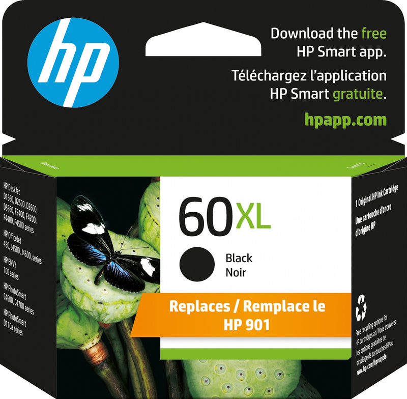 HP 60XL Black High Yield Ink Cartridge, Prints Up to 600 Pages (CC641WN#140)