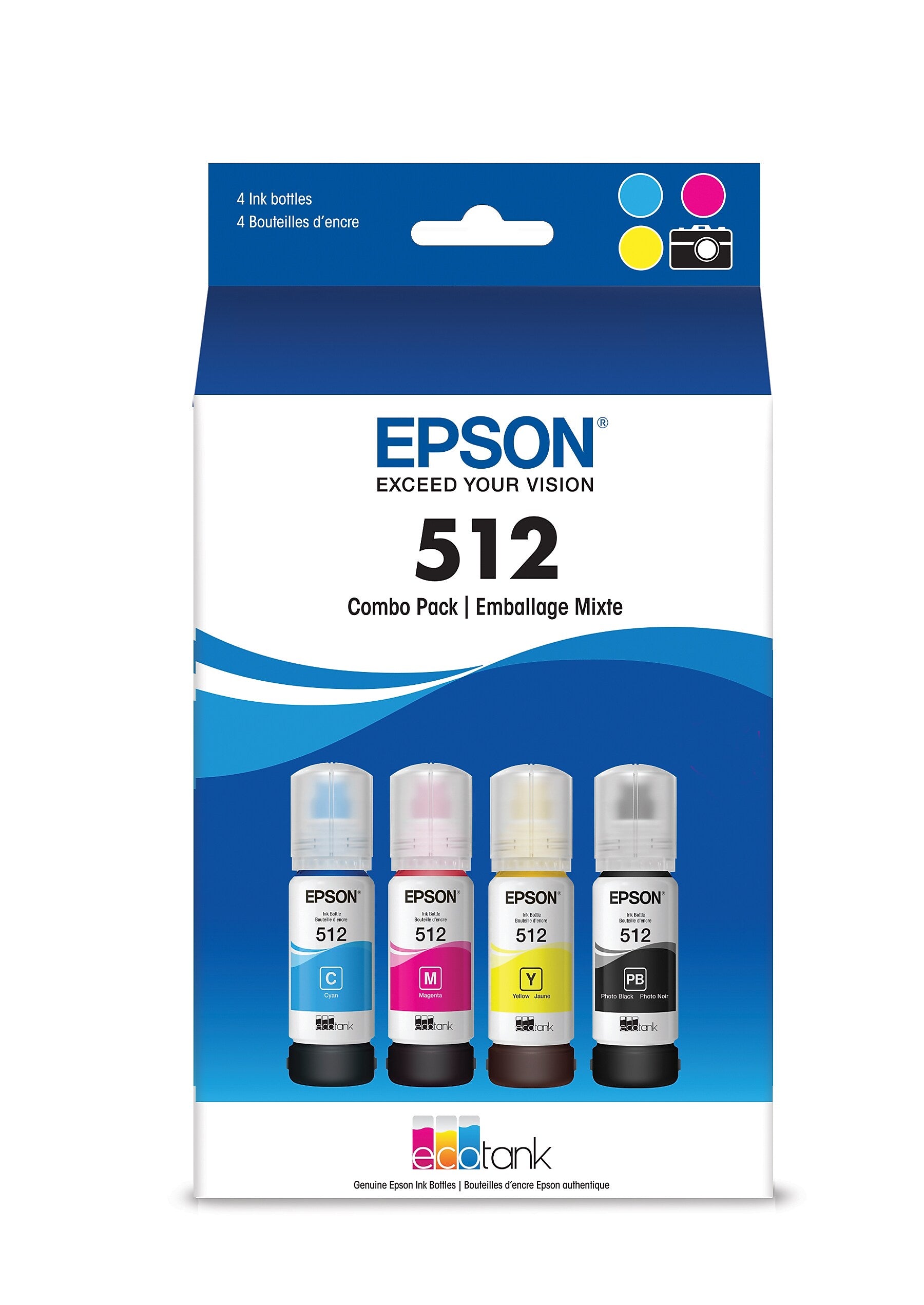 Epson T512 Cyan/Magenta/Yellow/Photo Black Standard Yield Ink Bottle, 4/Pack (T512520-S)