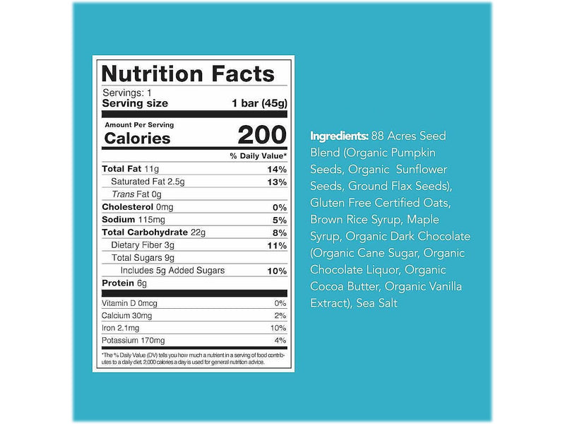 88 Acres Sweet 'N' Salty Gluten-Free Dark Chocolate/Sea Salt Seed and Oat Bar, 1.6 oz., 9 Bars/Box (310001)