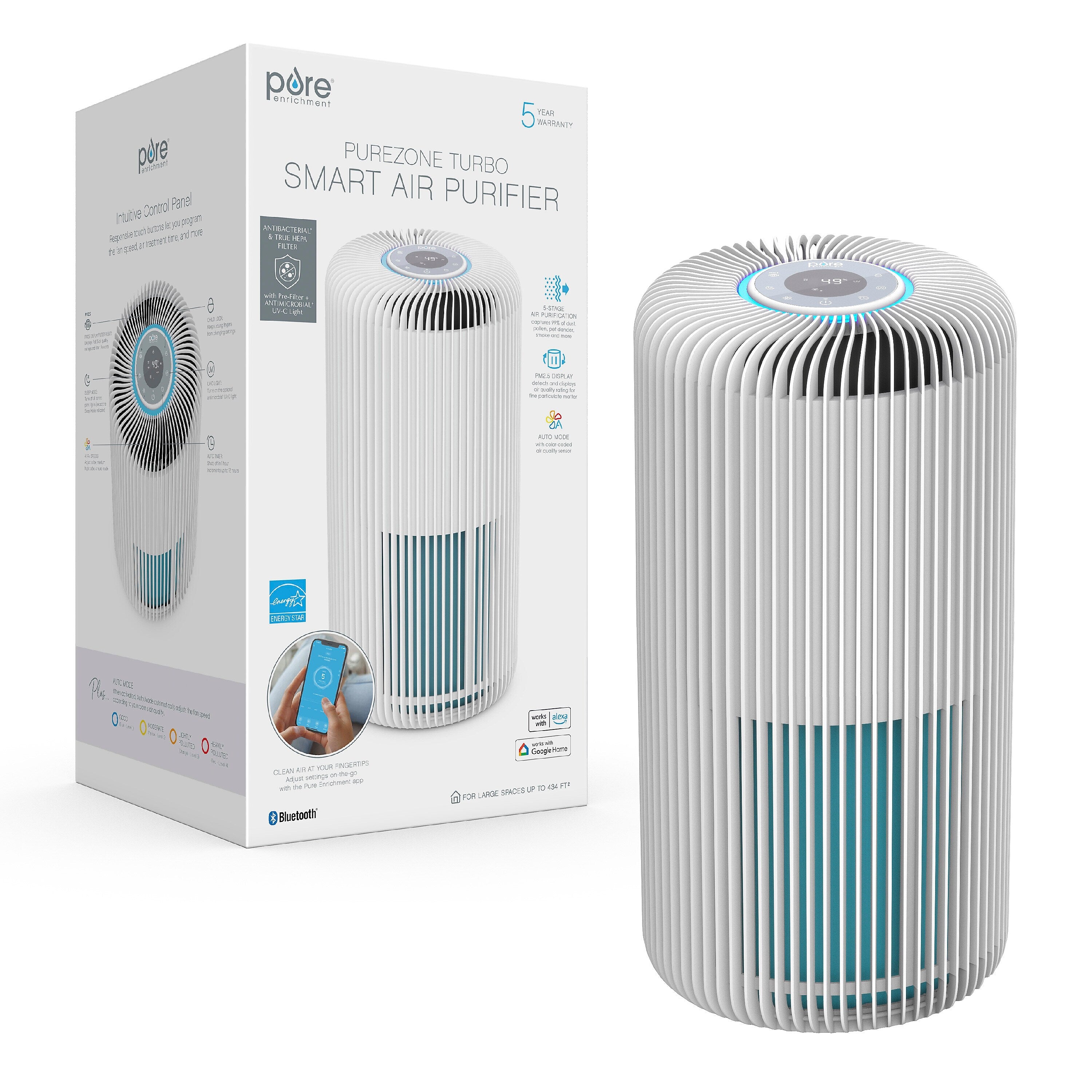 Pure Enrichment True HEPA Smart 5-in-1 Air Purifier with UV-C Light and App Control (PEAIRCYL-RT)