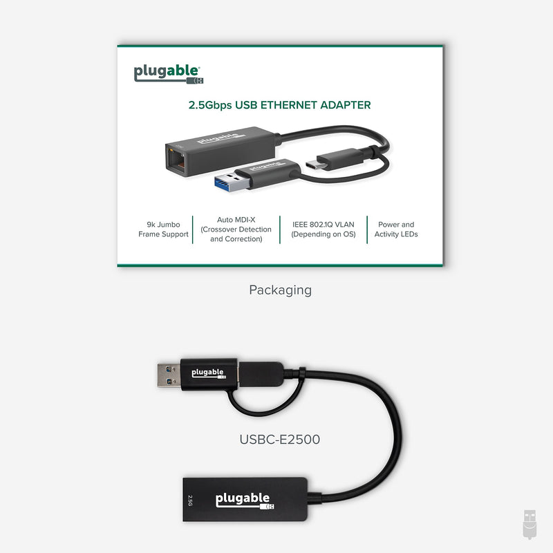 Plugable 2.5G USB C and USB to Ethernet Adapter, 2-in-1 Adapter