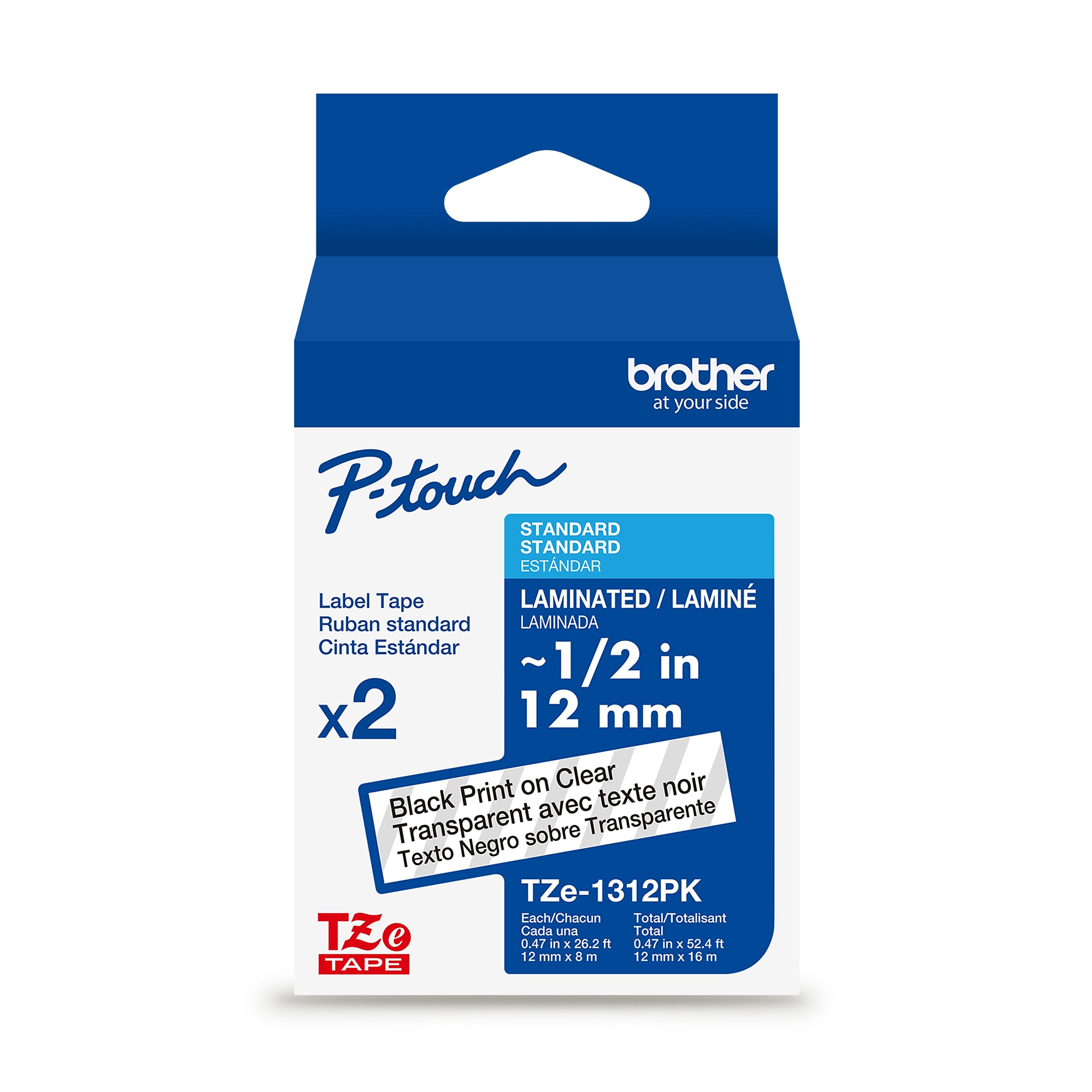 Brother P-touch Laminated Label Tape, 1/2" x 26.2', Black on Clear, 2/pack (TZe1312PK)