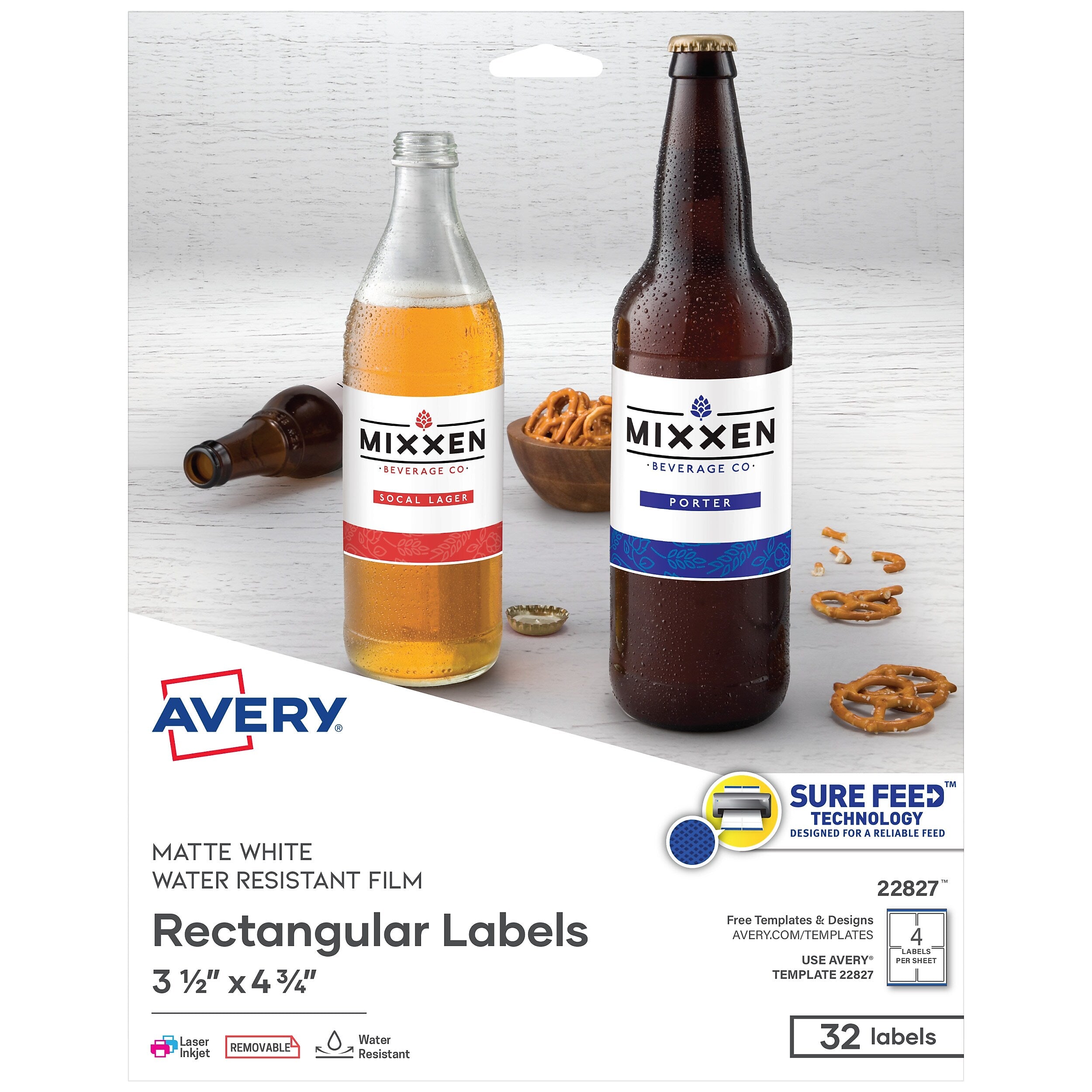 Avery Sure Feed Laser/Inkjet Durable Print-to-the-Edge Labels, 3.5" x 4.75", Satin White, 32 Labels/Pack (22827)
