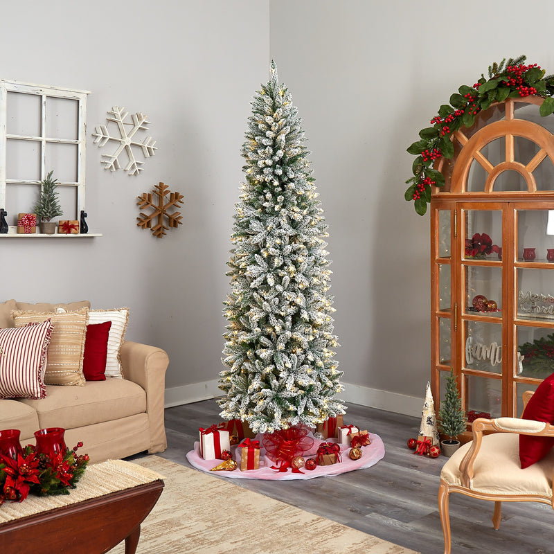 Nearly Natural 8-ft Slim Flocked Montreal Fir Artificial Christmas Tree with 400 Warm White LED Lights (T3312)
